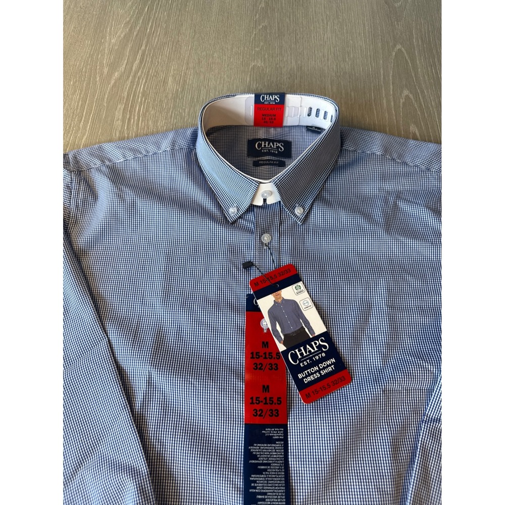 Chaps Mens Regular Fit Button Down Dress Shirt Blue Gingham Check 15-15.5 32/33